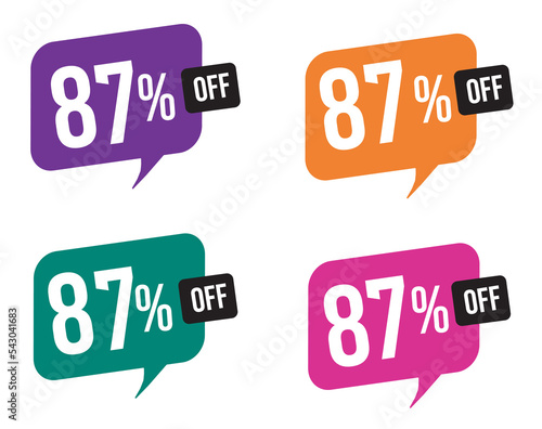  87 percent discount. purple, orange, green and pink balloons for promotions and offers. Vector Illustration on white background.