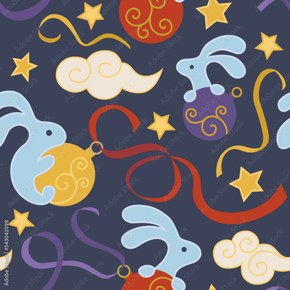 New Year seamless pattern with funny rabbits, ribbons and stars. Happy Rabbit Year!