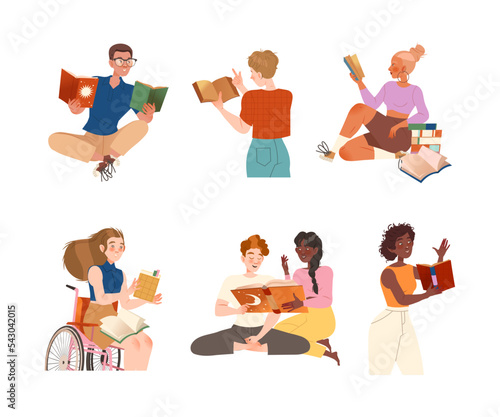 Bookcrossing with Happy Man and Woman Character Reading Borrowed Paper Book Vector Set