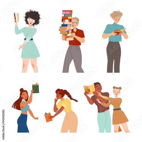 Bookcrossing with Happy Man and Woman Character Reading Borrowed Paper Book Vector Set