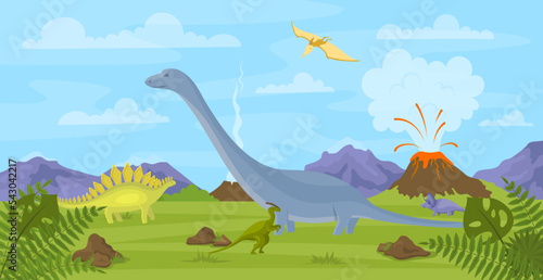Cartoon Color Dinosaurs on a Landscape Scene Volcano with Lava Concept Flat Design Style. Vector illustration of Brontosaurus