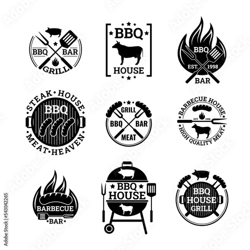 Cartoon Different Grill Barbecue Labels Badges Stickers Set Flat Design Style . Vector illustration of Bbq Badge