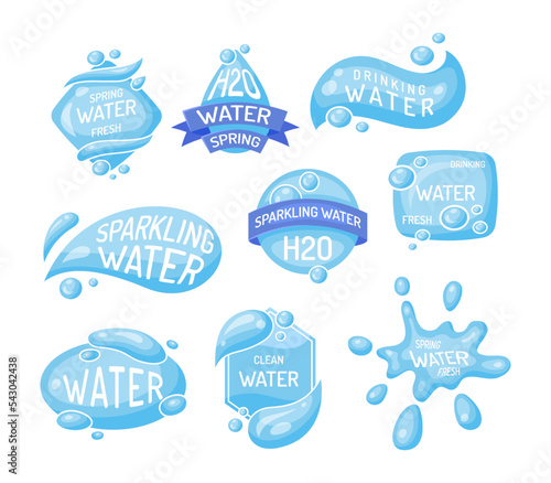 Cartoon Color Different Water Labels Badges Stickers Set Flat Design Style . Vector illustration Sparkling and Drinking Label