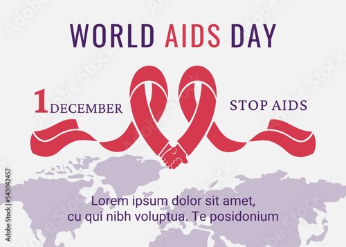 World AIDS day banner. Red ribbon as symbol of the AIDS control. Support for hiv infected people. World map with lettering. Vector illustration