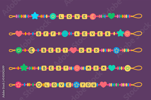 Cartoon Color Different Plastic Beads Bracelets Set Handmade and Friendship Concept Flat Design Style. Vector illustration