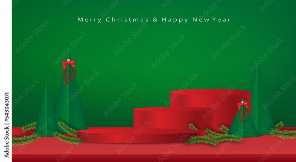 Christmas and New Year 2023 background with 3d podium,Christmas trees paper cut on red background, Xmas pine fir lush tree. Vector Winter holiday composition for Greeting card, banner, poster