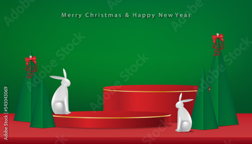 Christmas and Chinese New Year background with 3d podium,rabbits,Christmas trees paper cut on green background,X mas pine fir lush tree. Vector Winter holiday composition for Greeting card, banner