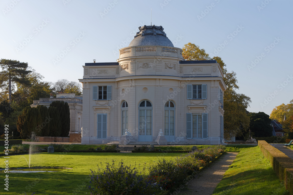 The facade of the castle in the Bagatelle park. This small castle was built in 1777 in neo-palladian style.Paris.