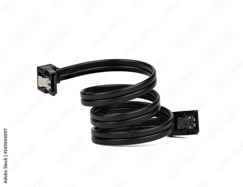 Black cable twisted into a spiral with SATA connectors on a white background. Black cable twisted into a spiral with SATA connectors on a white background.