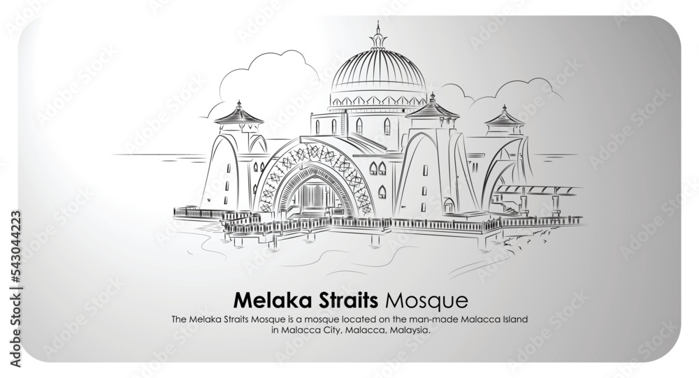The Melaka Straits Mosque is a mosque in Malacca City, Malaysia. outline vector drawing.