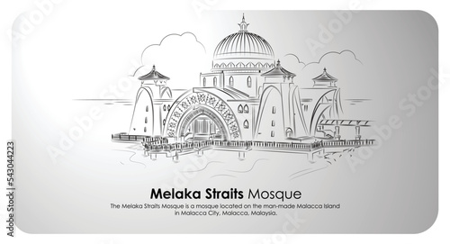 The Melaka Straits Mosque is a mosque in Malacca City, Malaysia. outline vector drawing.