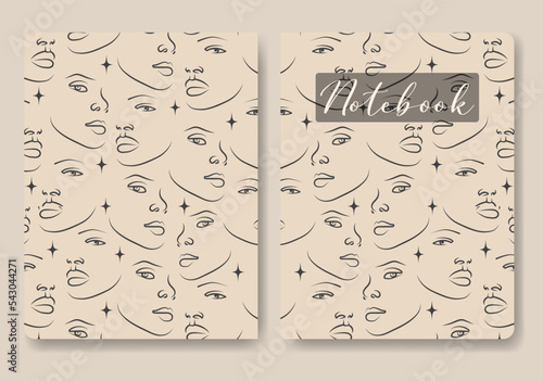 Cover with linear woman face and stars illustration.