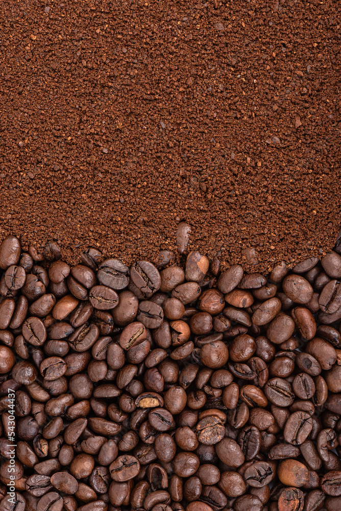 Vertical background of freshly roasted coffee beans and ground coffee. Vertical background of freshly roasted coffee beans and ground coffee.