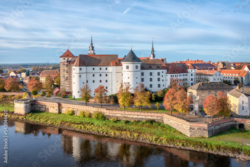 Torgau, Germany. Aerial view of historic castle Schloss Hartenfels in the autumn