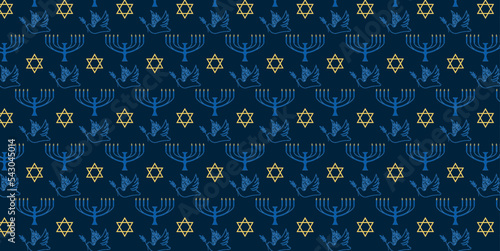 Blue seamless pattern with traditional menorah and jewish stars for Happy Hanukkah holiday.