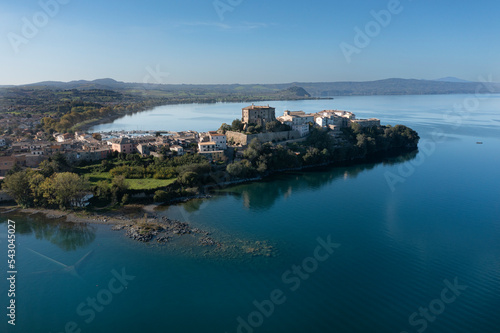 aerial view of the town of capodimonte on lake bolsena