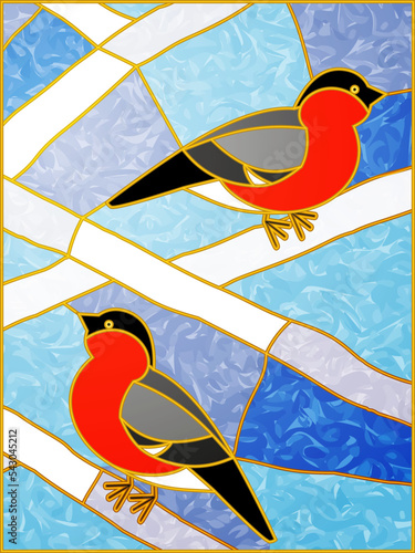 Stained glass Window. Vector composition of Red bullfinches on a snowy white branches. Winter birds. For ArchiCAD, interiors. Leaded pane. Tiffany stained Glass.