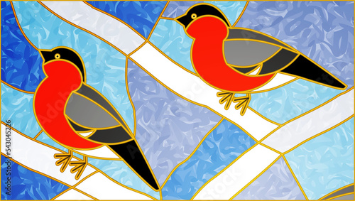 Stained glass Window. Vector composition of Red bullfinches on a snowy white branches. Winter birds. For ArchiCAD, interiors. Leaded pane. Tiffany stained Glass.