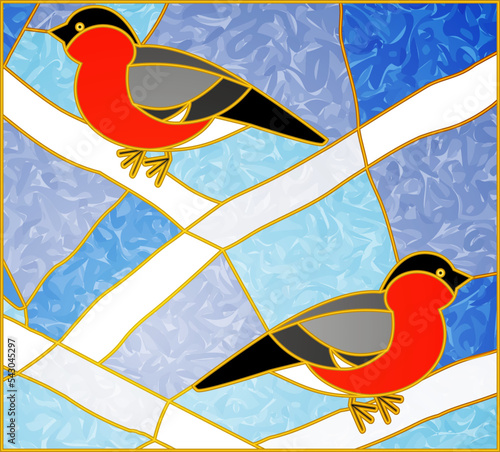 Stained glass Window. Vector composition of Red bullfinches on a snowy white branches. Winter birds. For ArchiCAD, interiors. Leaded pane. Tiffany stained Glass.