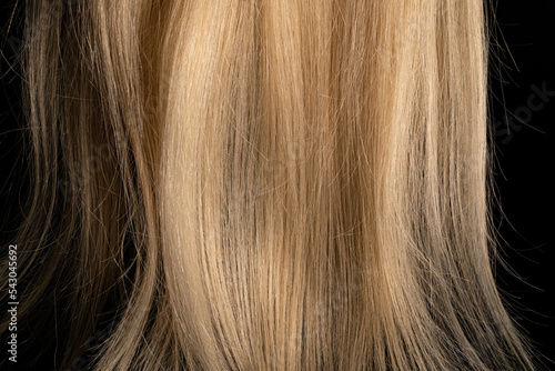 Part of blonde shiny hair illuminated by light. Strands of light woman hair. Tips of healthy natural female hair on black isolated studio background. Wig. Macro shot of long smooth locks of hair.