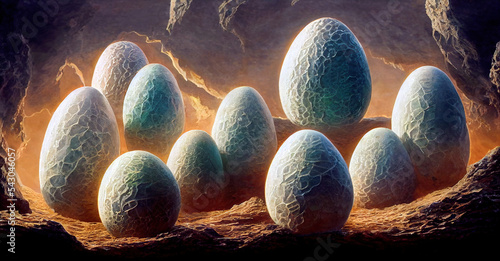 Wallpaper with fantastic alien eggs in a stone cave, Generative AI 
