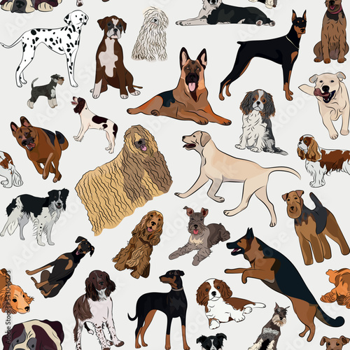 Seamless dog pattern,holiday texture. Boxer,lab, spaniel, terrier Silhouettes, packaging, textile, textile, fabric, decoration, wrapping paper. Trendy hand-drawn different breeds wallpaper. Many dogs.