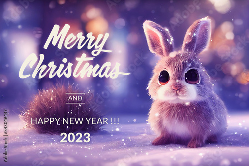 Winter holidays celebration postcard with Rabbit with big eyes on bokeh background. Gift card with a 2023 year symbol and text. Merry Christmas and Happy New Year congratulation season. Christmas time
