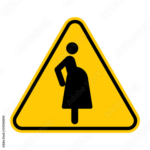 Pregnant women warning sign. Vector illustration of yellow triangle sign with standing pregnant female figure. Caution women expecting baby. Hazard symbol.