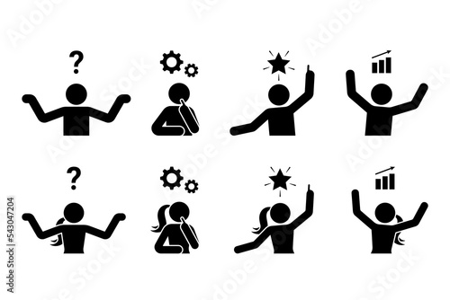 Stick figure man and woman idea problem solution reasoning vector illustration set. Logical thinking sign symbol icon silhouette pictogram