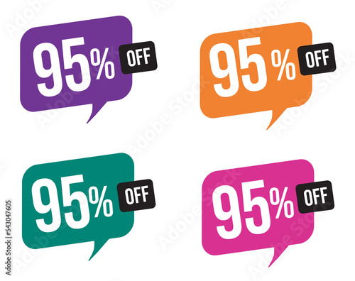 95 percent discount. purple, orange, green and pink balloons for promotions and offers. Vector Illustration on white background.