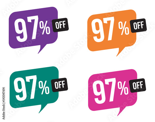 97 percent discount. purple, orange, green and pink balloons for promotions and offers. Vector Illustration on white background.