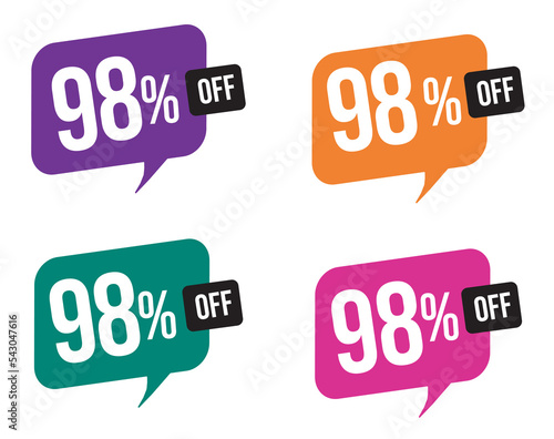  98 percent discount. purple, orange, green and pink balloons for promotions and offers. Vector Illustration on white background.