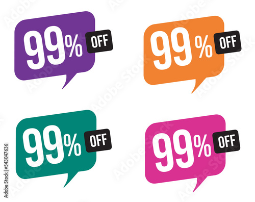 99 percent discount. purple, orange, green and pink balloons for promotions and offers. Vector Illustration on white background.