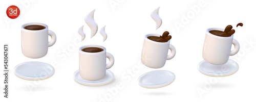 3d cup of coffee. Set render ceramic cups filled espresso with vapor. Vector realistic illustration hot drinks with black splash. 