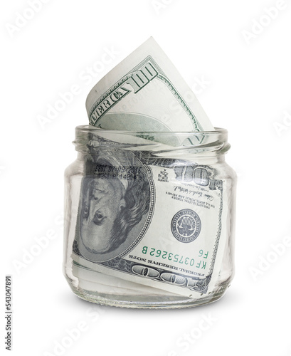 Print op canvas dollar bills in a glass jar isolated