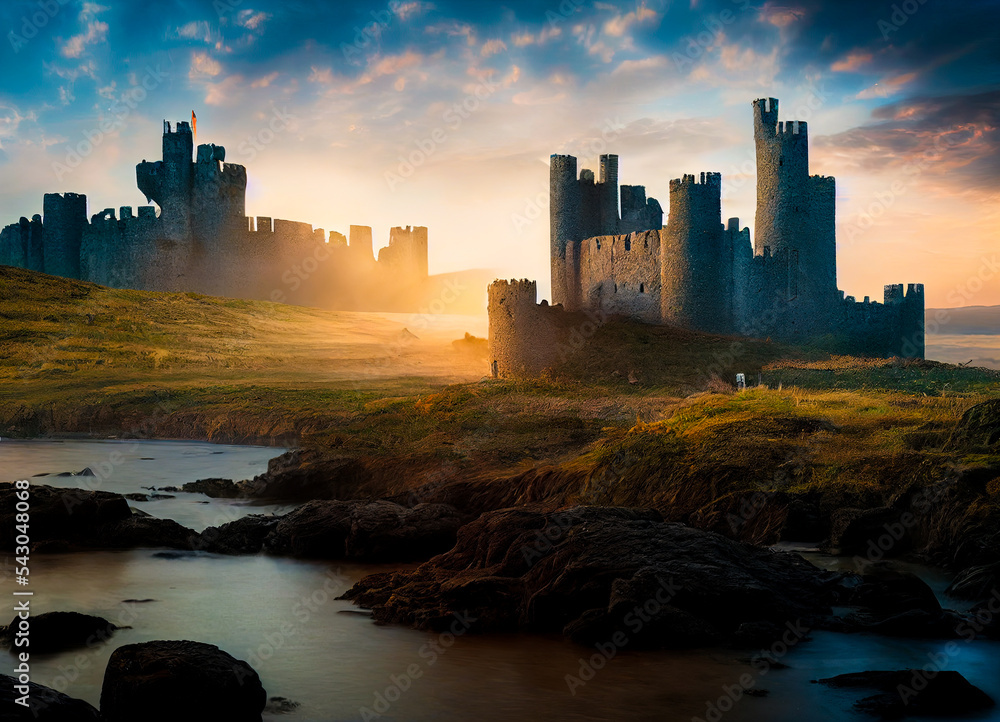Obraz premium Fantasy digital illustration of Camelot, castle city landscape at sunset.