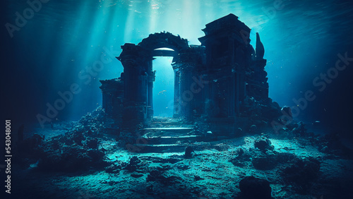 Canvas Print Lost kingdom of Atlantis concept, underwater ruins.