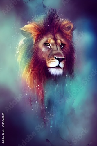 This is an artistic, colored, abstract portrait of a lion, with watercolor splashes in the style of pop art.