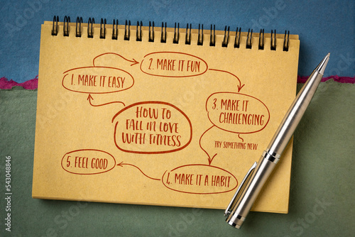 Foto how to fall in love with fitness - inspirational mind map in a sketchbook, make