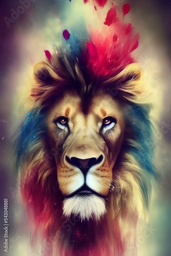 This is an artistic  colored  abstract portrait of a lion  with watercolor splashes in the style of pop art.