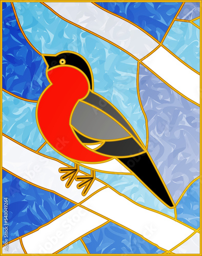 Stained glass Window. Tiffany stained Glass.Vector composition of Red bullfinches on a snowy white branches. Winter birds. For ArchiCAD, interiors. Leaded pane. 