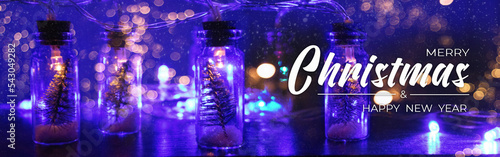 Christmas text Calligraphic Lettering. Greeting card or banner with a congratulation on the background of a magical garland with Christmas trees inside