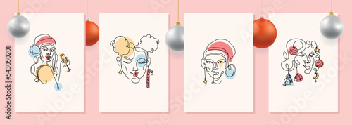 Modern abstract line minimalistic women faces New Year concept for wall decoration with 3d ball, postcard or brochure cover design. Different woman faces. One line art. Vector illustrations design
