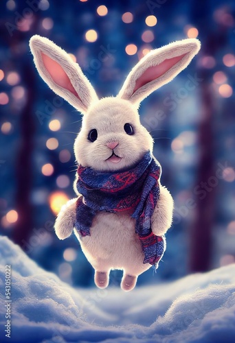 Merry Christmas and Happy New Year celebration card with cute Rabbit in scarf outdoors. Congratulation postcard with a 2023 year symbol  copy space. Adorable bunny in snowy forest. Winter holidays