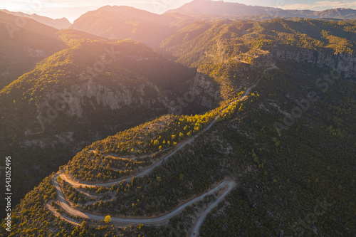 Aerial top view winding road in middle forest Tazi Canyon Antalya, Turkey sunset light © Parilov