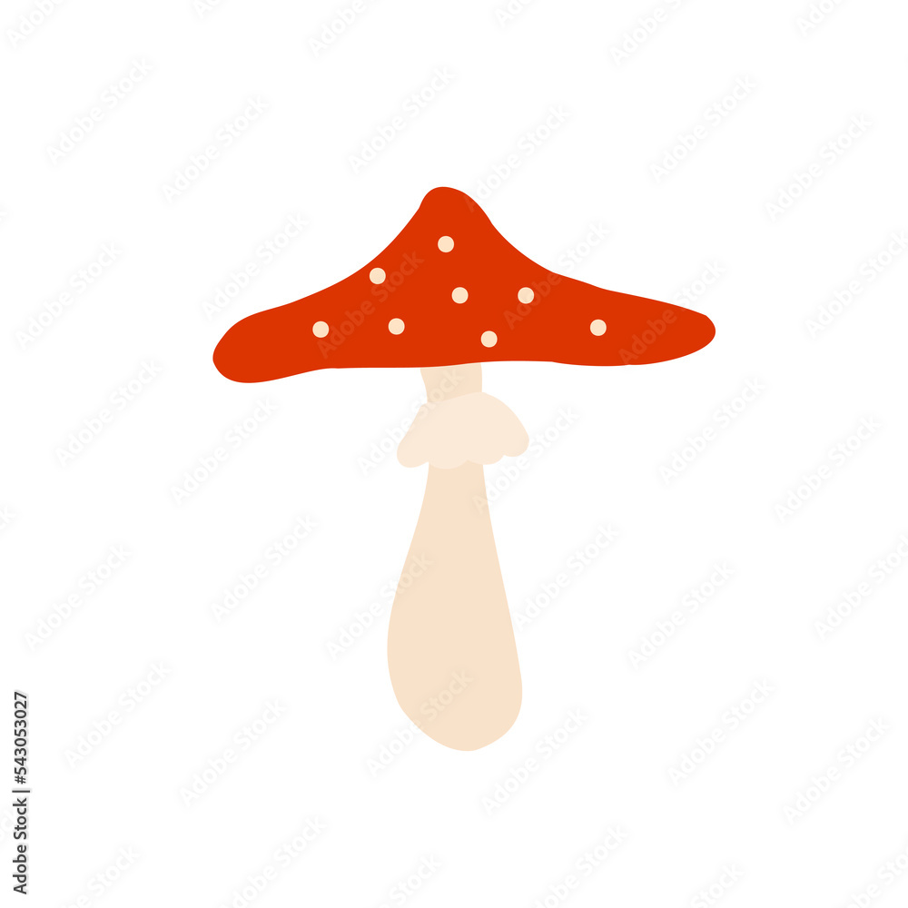 Hand drawn cartoon style vector illustration of red mushroom with white spots, poisonous fly agaric or amanita muscaria. Color sketch isolated on white Hand drawn cartoon style vector illustration of red mushroom with white spots, poisonous fly agaric or amanita muscaria. Color sketch isolated on white