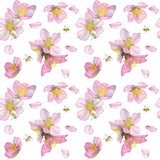 Seamless floral pattern is a composition of cherry blossoms, apple trees, almonds. Watercolor illustration.
