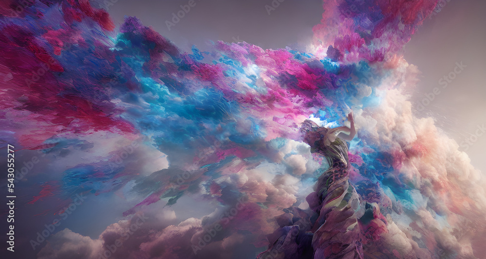 Illustration Abstract Dancer Surrounded By Colourful Smoke Clouds - obrazy, fototapety, plakaty 