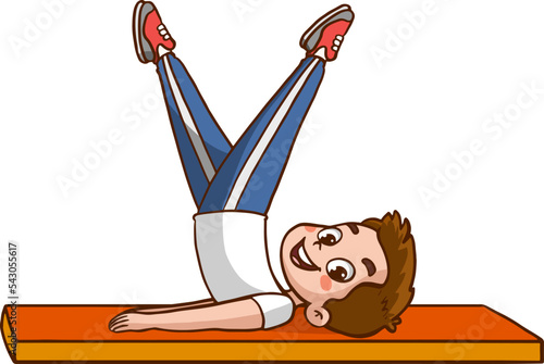 The kids is engaged in physical exercises. Gymnastics for children. He plays sports.