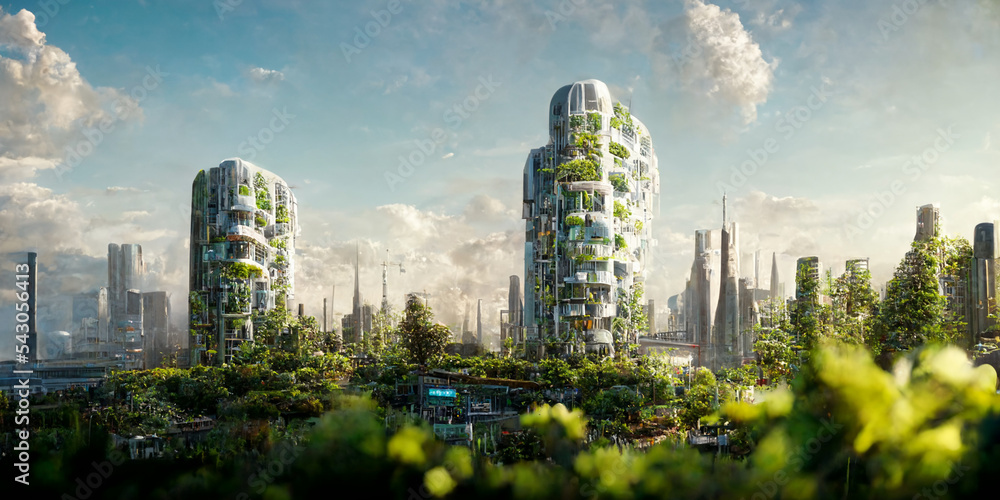 Futuristic sci-fi fantasy city green buildings with trees, plants on ...